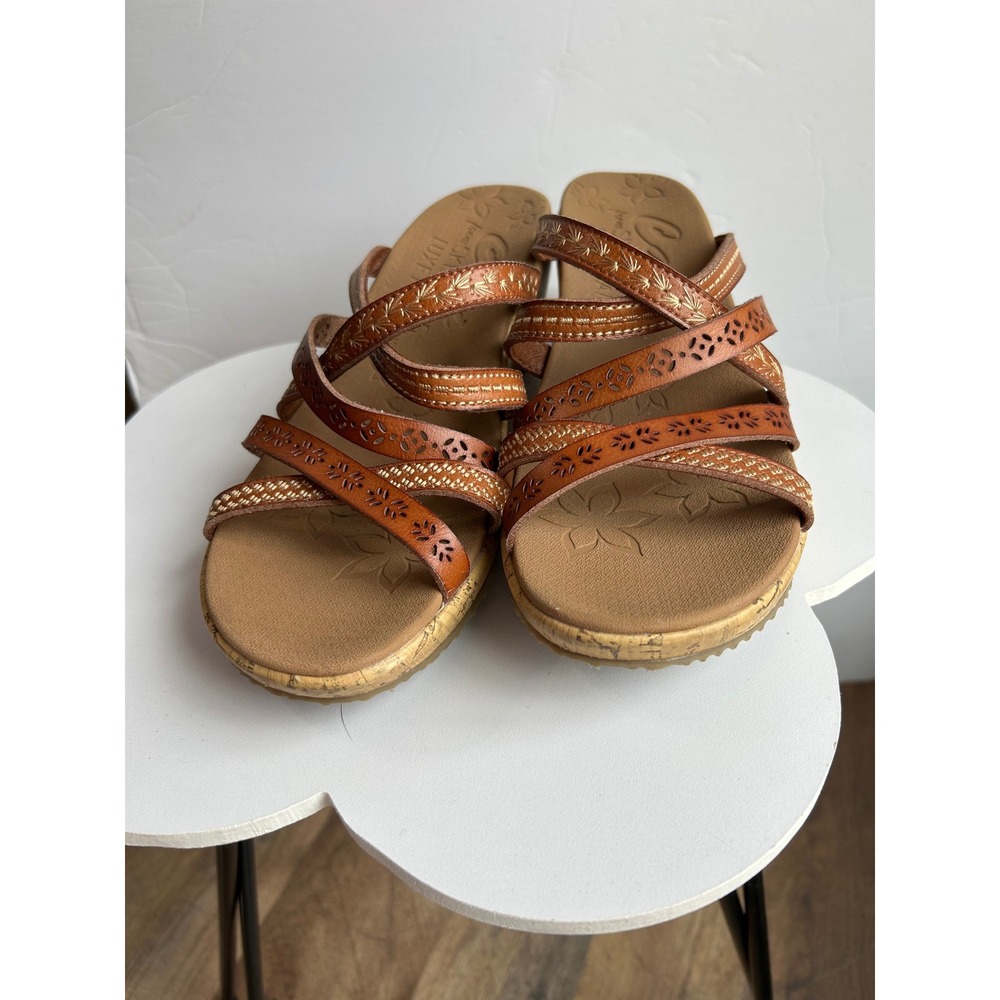 Skechers Cali Luxe Foam Wedge Sandals Brown Boho Laser Cut Floral Slides - Picture 9 of 10